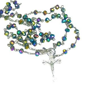 Iridescent Beaded Necklace with Silver Cross